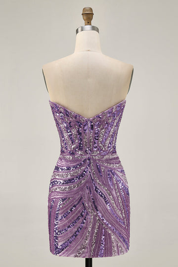Sparkly Sequins Purple Strapless Tight Short Party Dress